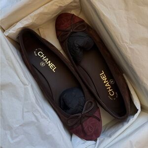 Suede Calfskin Cap Toe Chanel Ballerina Flats Dark Brown Burgundy